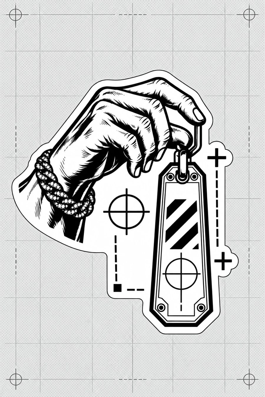 luxegoodsny sticker: a hand holding an Off-White tag with a crosshair